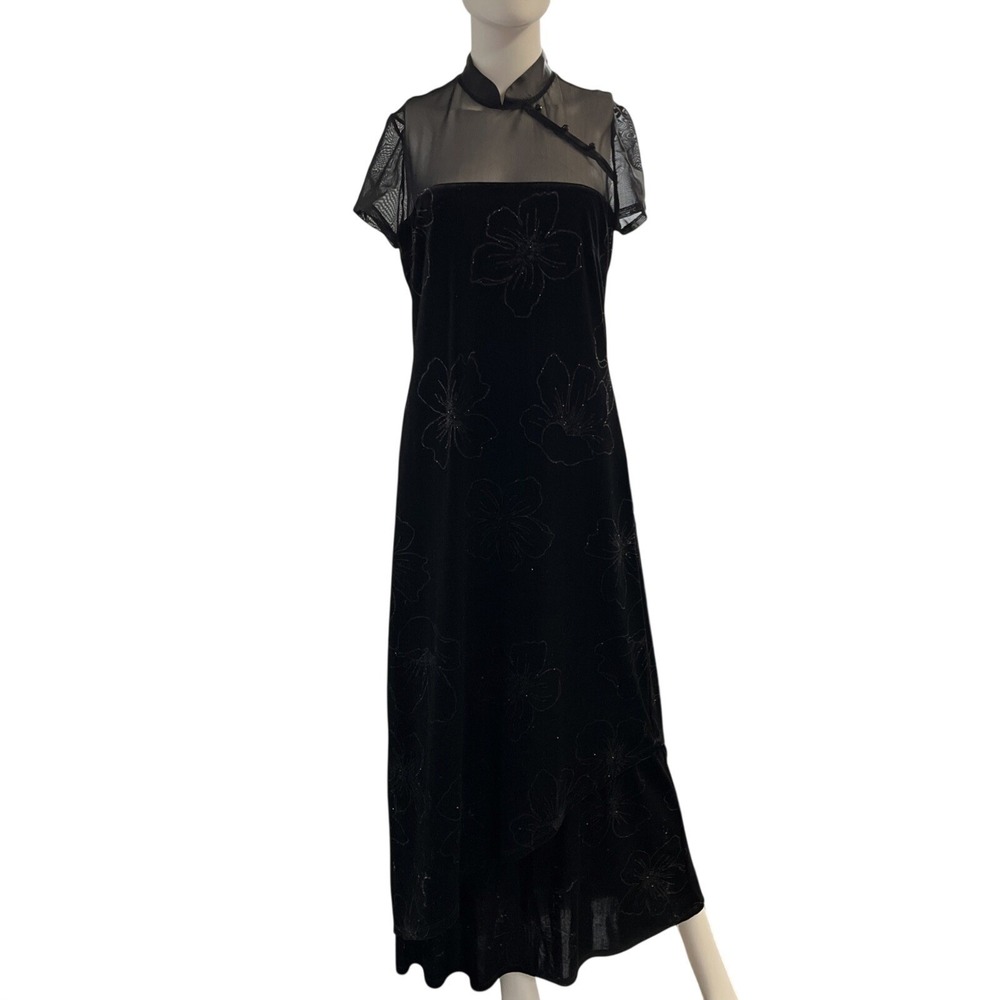 Vintage CDC Black Velvet Dress Metalic Floral Sheer Neck Maxi 10 Gala Whimsigoth